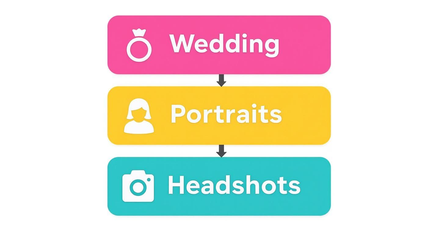 Infographic showing the cost hierarchy of photoshoots, with Wedding photography at the top, followed by Portraits, and then Headshots.