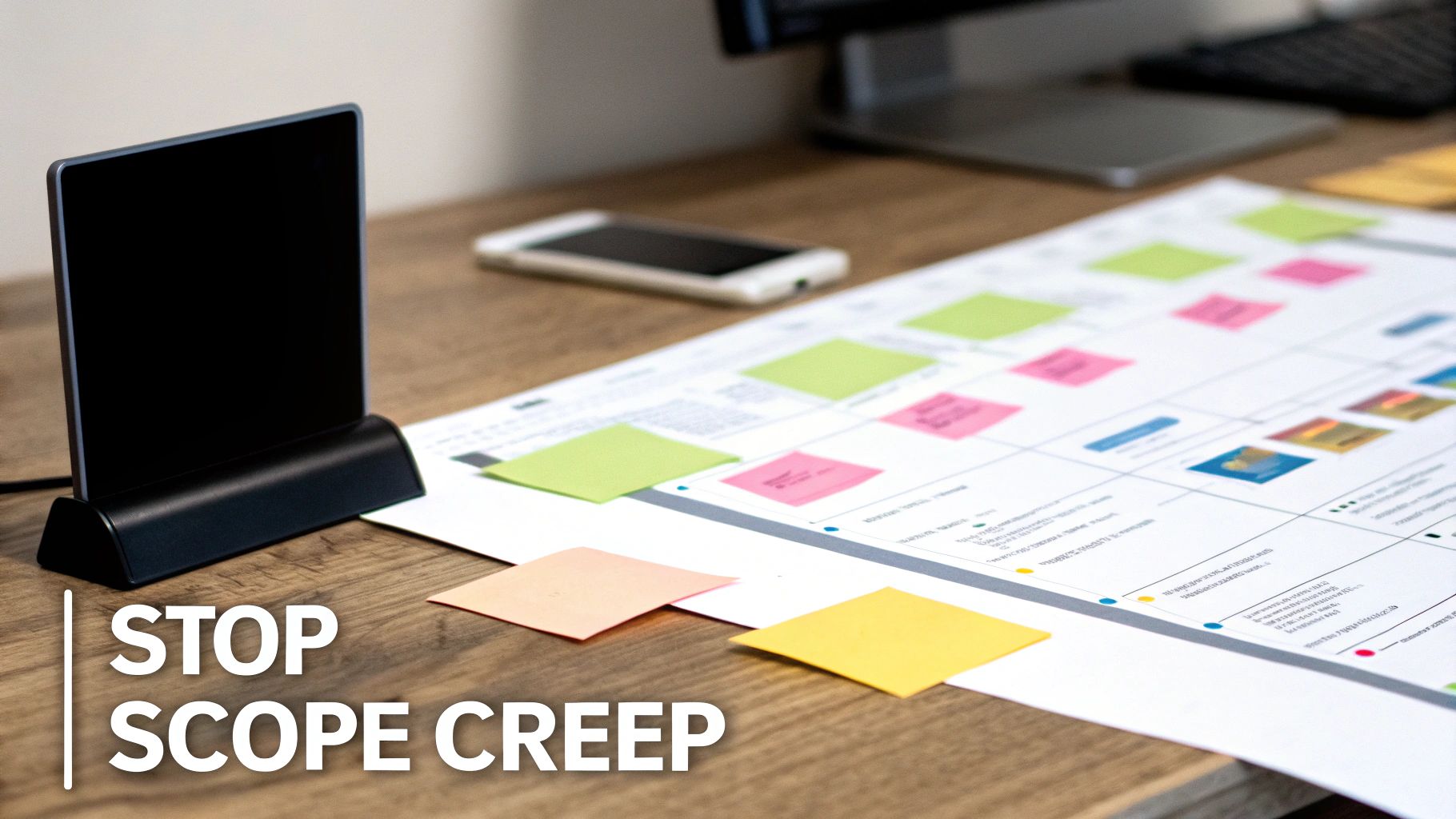 Desk with a detailed project plan, colorful sticky notes, and a tablet, representing effective project scope management.