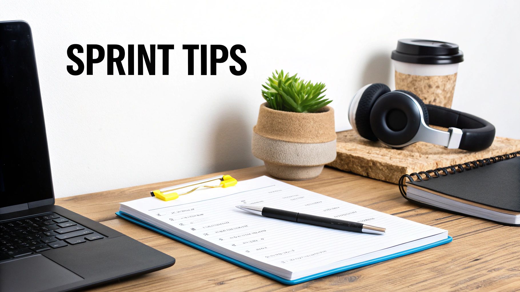 A workspace with a laptop, a notebook displaying 'SPRINT TIPS', headphones, a plant, and a coffee cup.