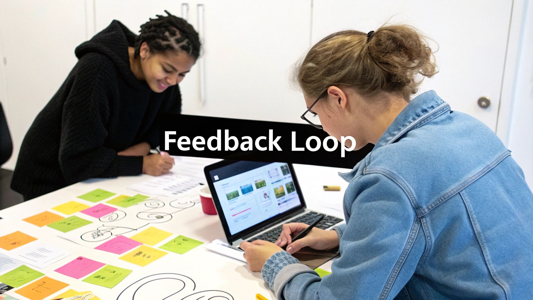 A person sitting at a desk with a notebook, asking questions about freelance fashion designers.