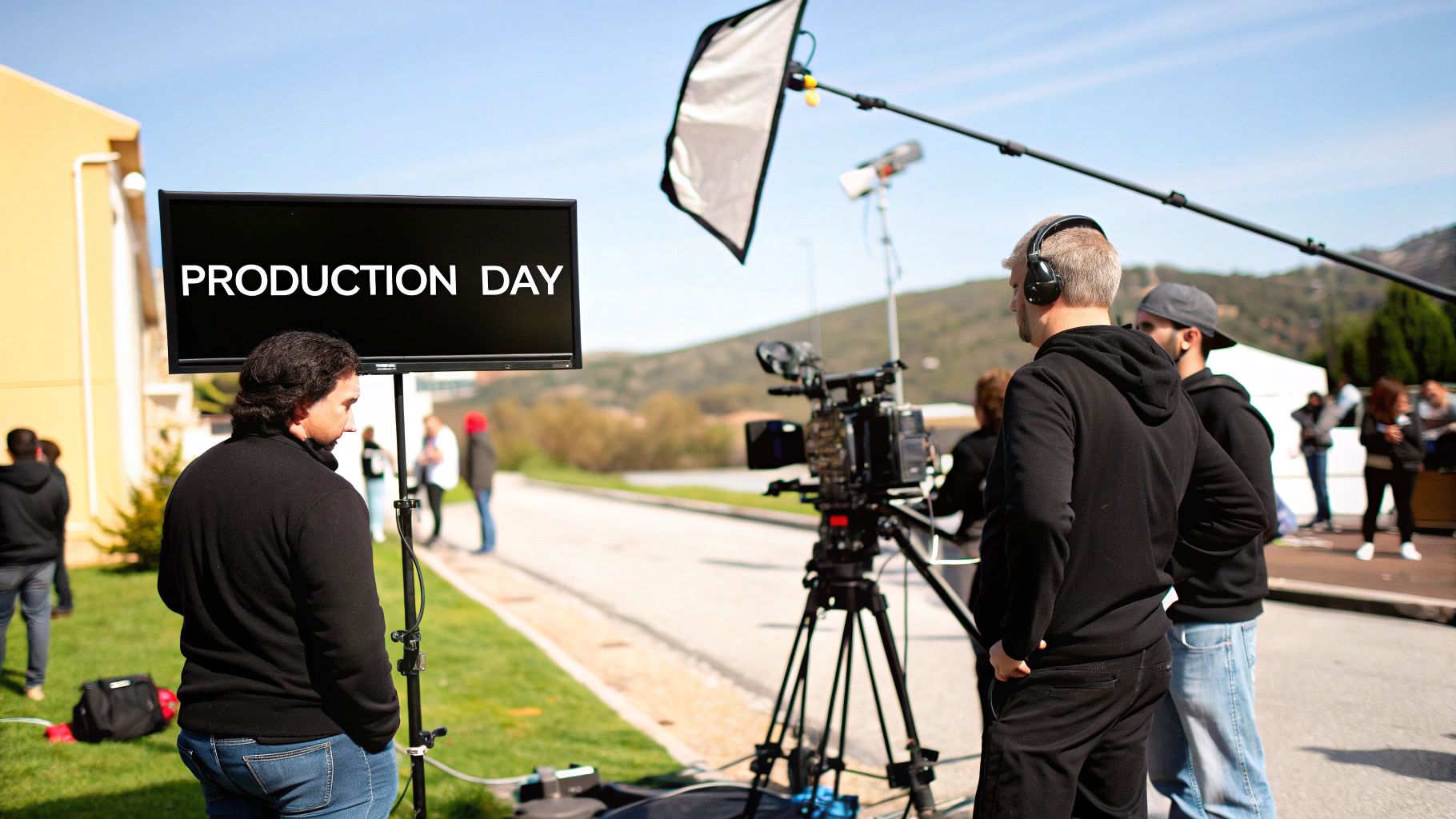 A film crew setting up camera and lighting equipment for a shoot.