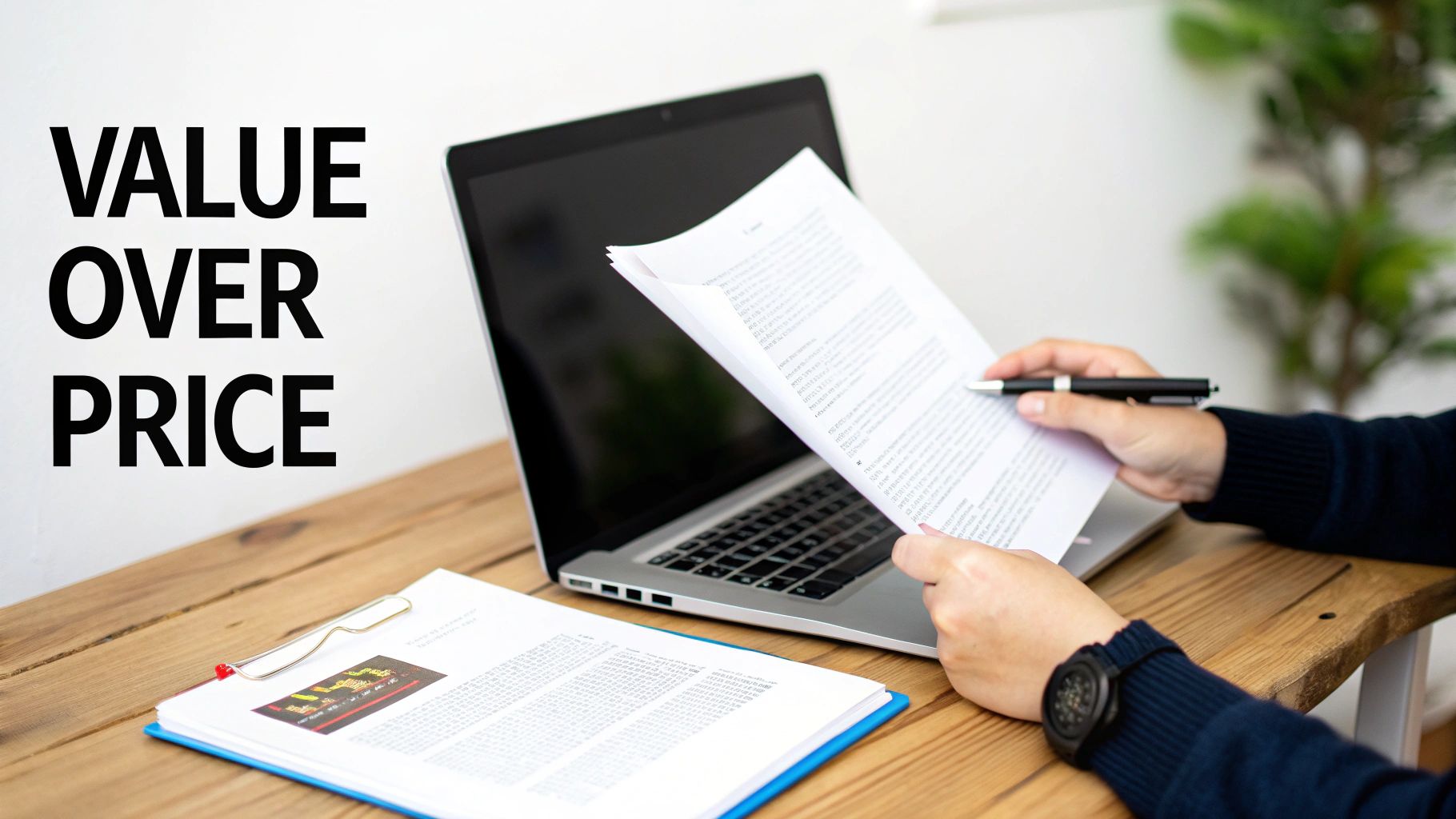 A person reviews business documents with a pen and laptop on a wooden desk, emphasizing "VALUE OVER PRICE".