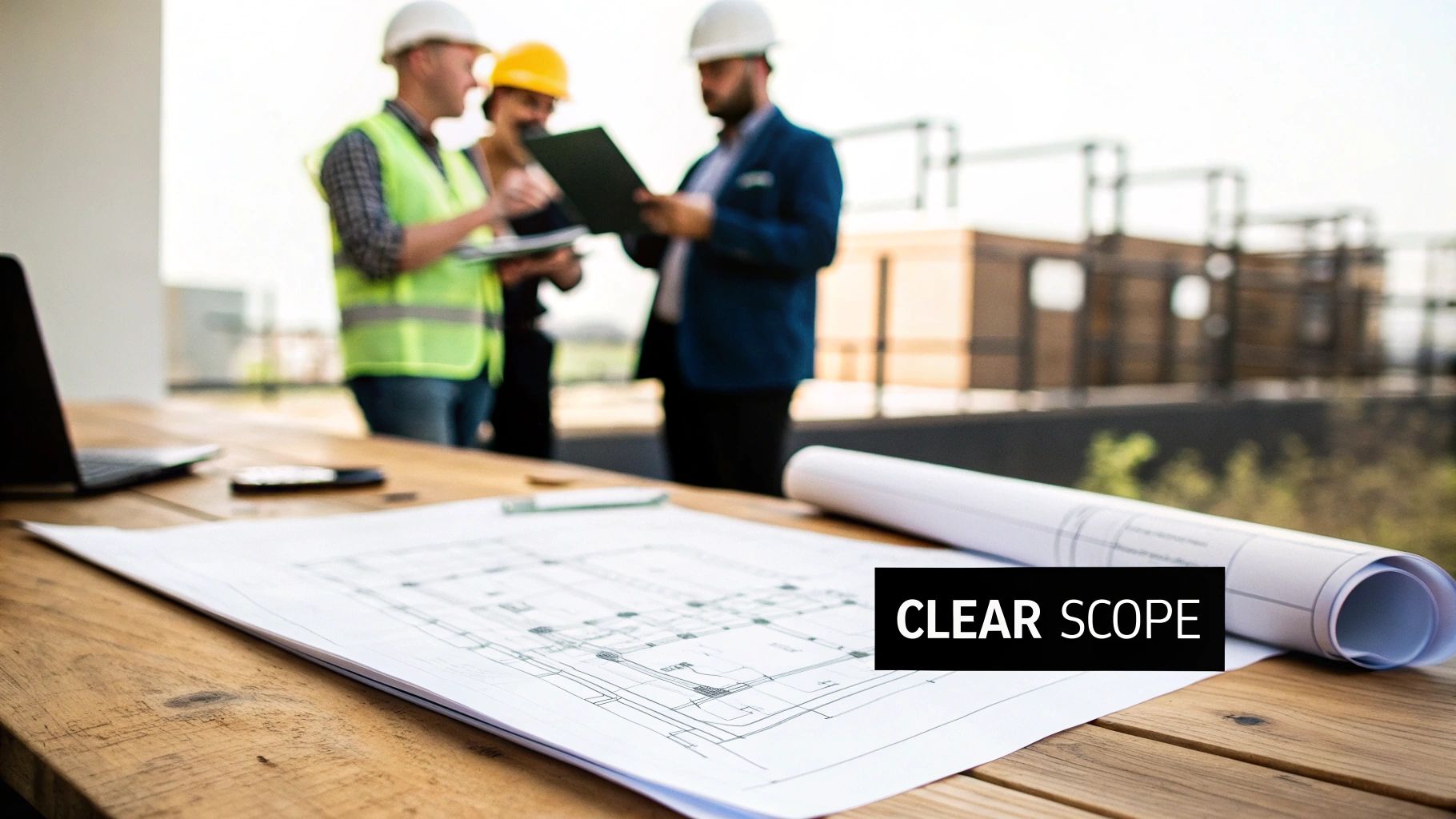 A team collaborating around a table, illustrating the importance of clear project scope.