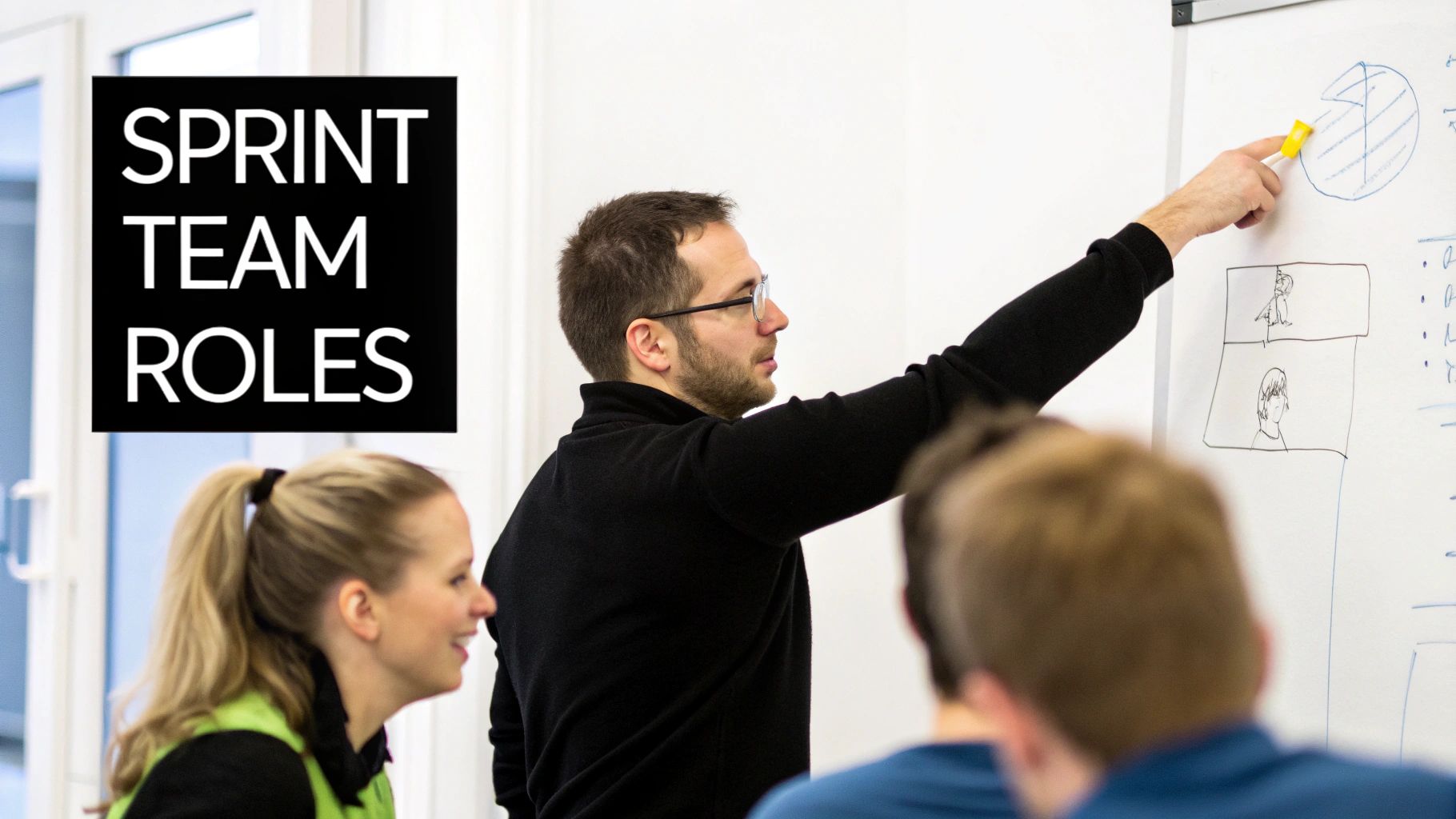 A man explains 'Sprint Team Roles' on a whiteboard to a group of colleagues.