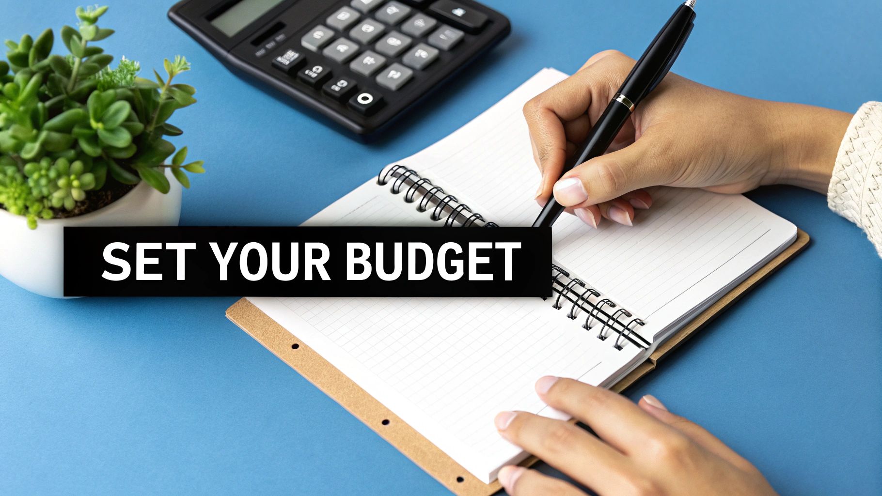 A person working on a laptop, with charts and sticky notes on the wall behind them, planning a budget.