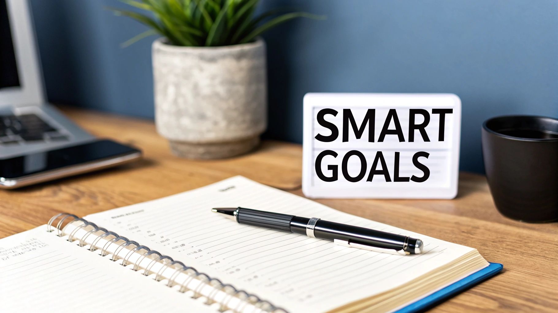 A white lightbox displaying 'SMART GOALS' with a notebook and pen on a wooden desk.