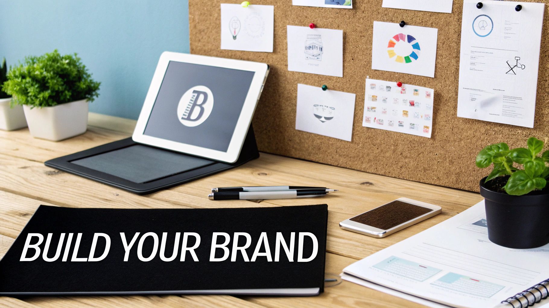 A professional freelancer's desk with a laptop displaying a portfolio, a branded notebook, and a styled coffee cup.
