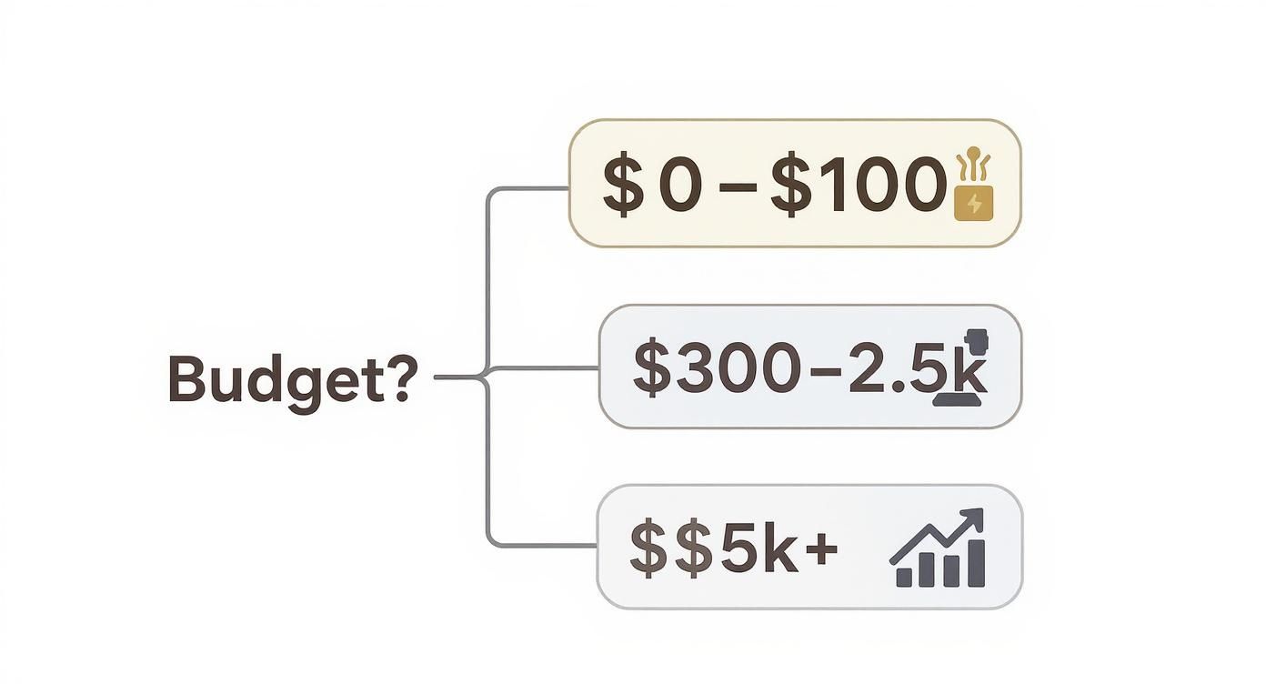 A diagram illustrating budget options for a service, showing tiers: '$0-$100', '$300-2.5k', and '$$5k+'.
