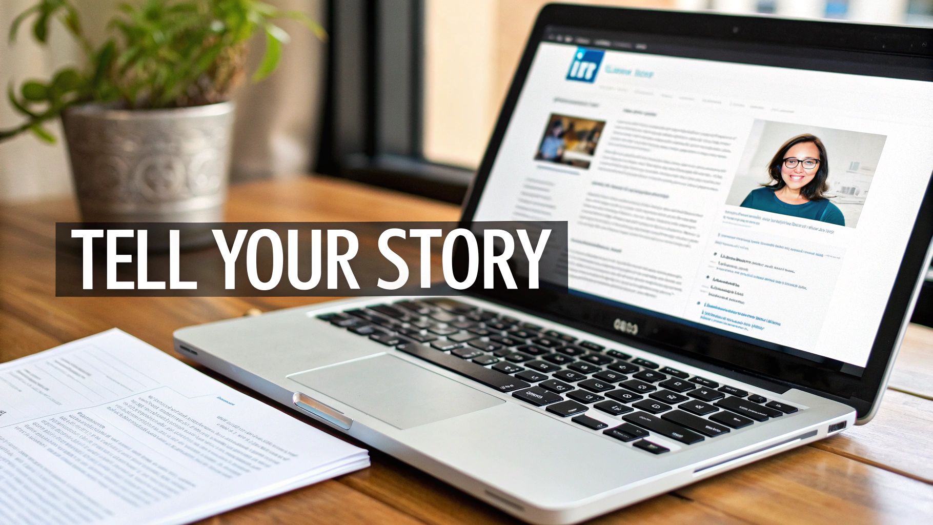 A person's professional LinkedIn profile shown on a laptop screen.