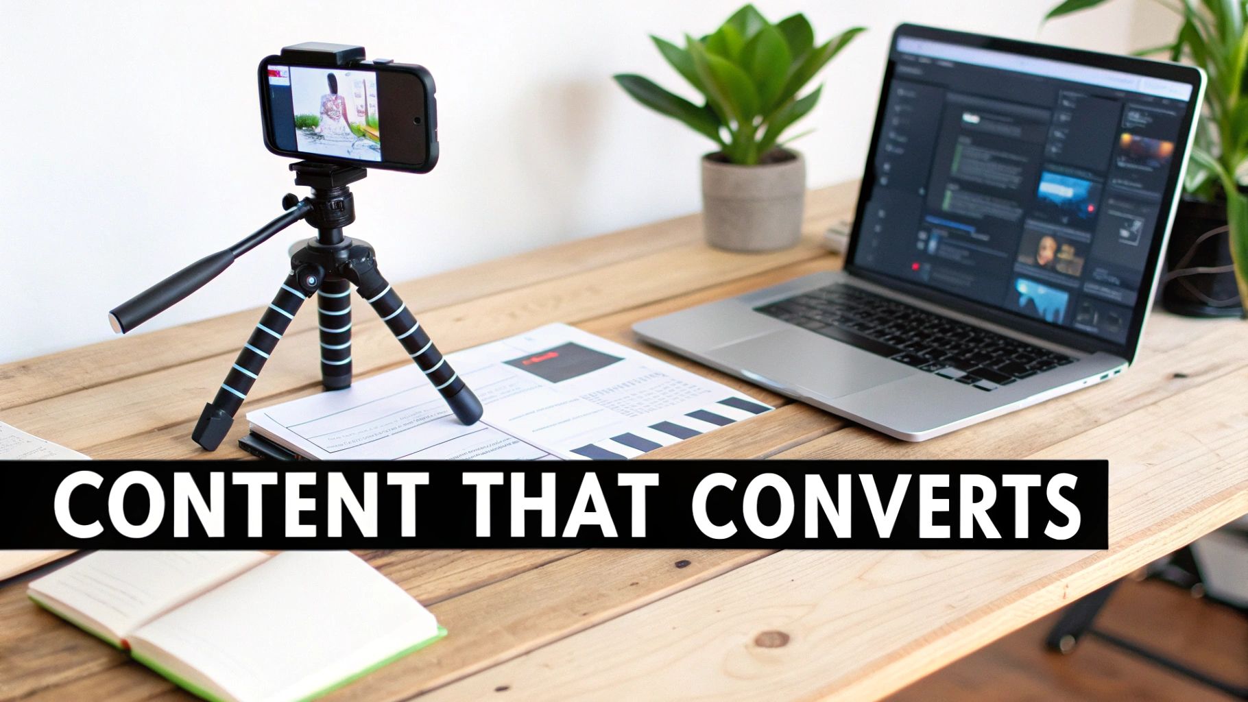 A professional workspace setup with a laptop, smartphone on a tripod, and documents for content creation.