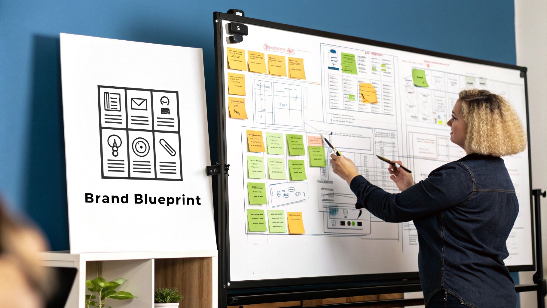 A chart with an upward-trending arrow superimposed over a collection of branding elements like logos and color swatches.