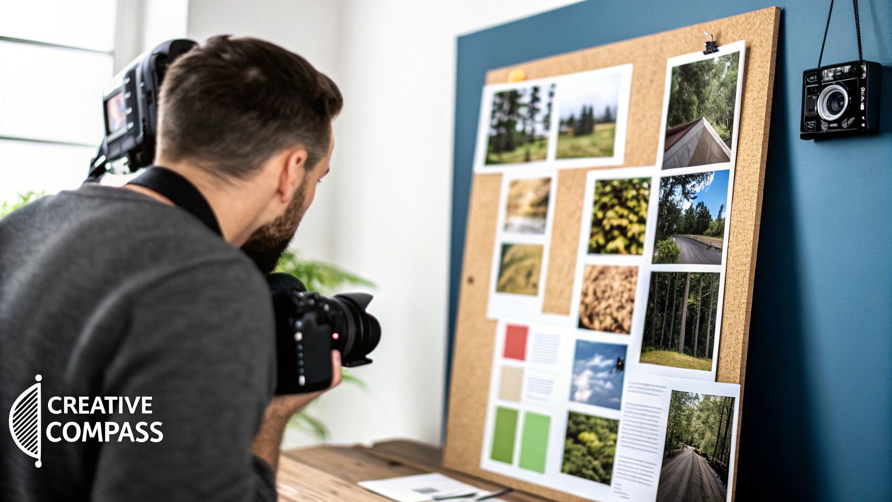 A mood board showing a cohesive design with fabric swatches, color palettes, and inspirational photos.