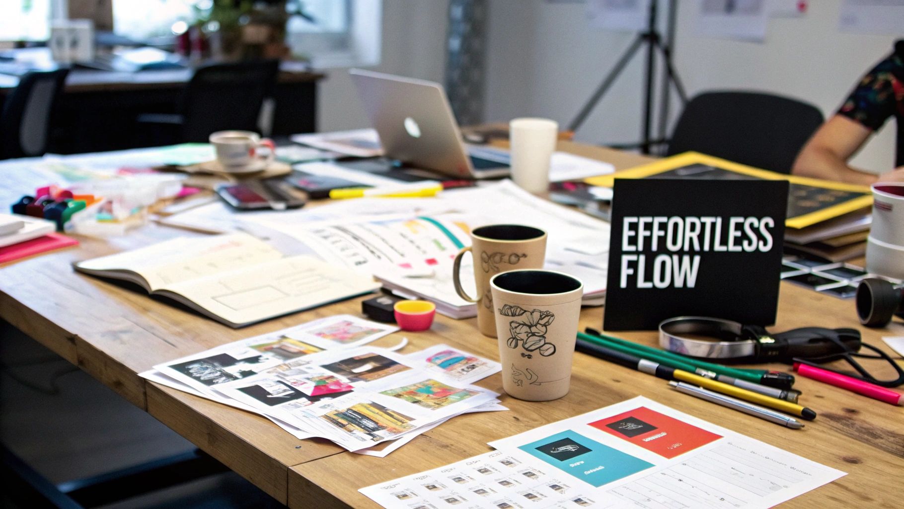 A team of creatives collaborating around a large table, looking organized and engaged.
