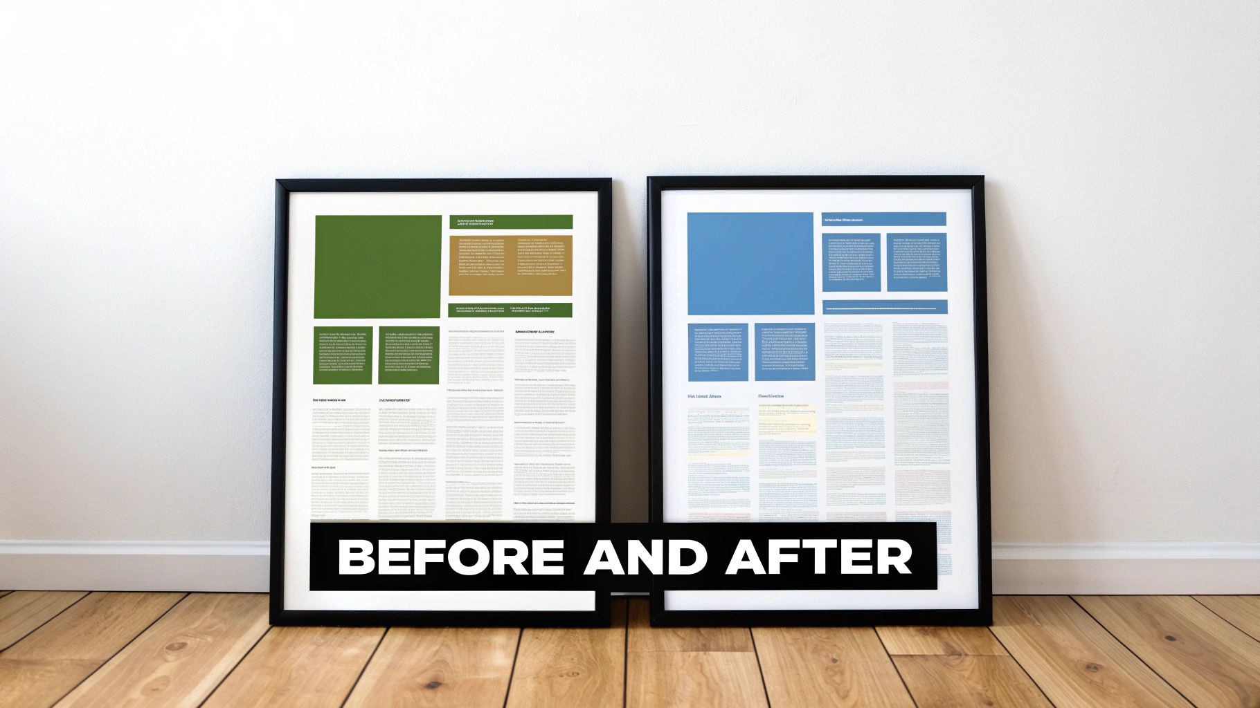 Two framed posters displaying graphic design layouts with distinct color schemes and text hierarchy.