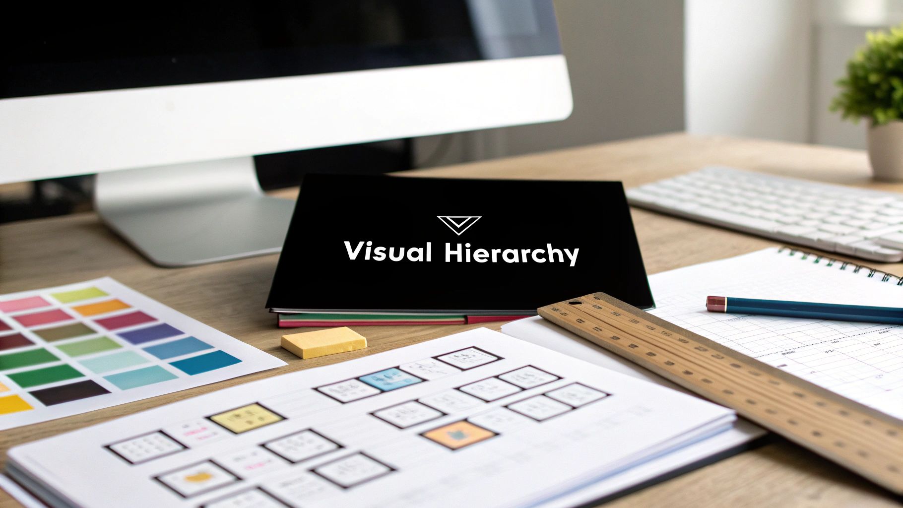 A graphic designer's desk with a monitor, color palette, ruler, pencil, and a 'Visual Hierarchy' book, alongside design sketches.