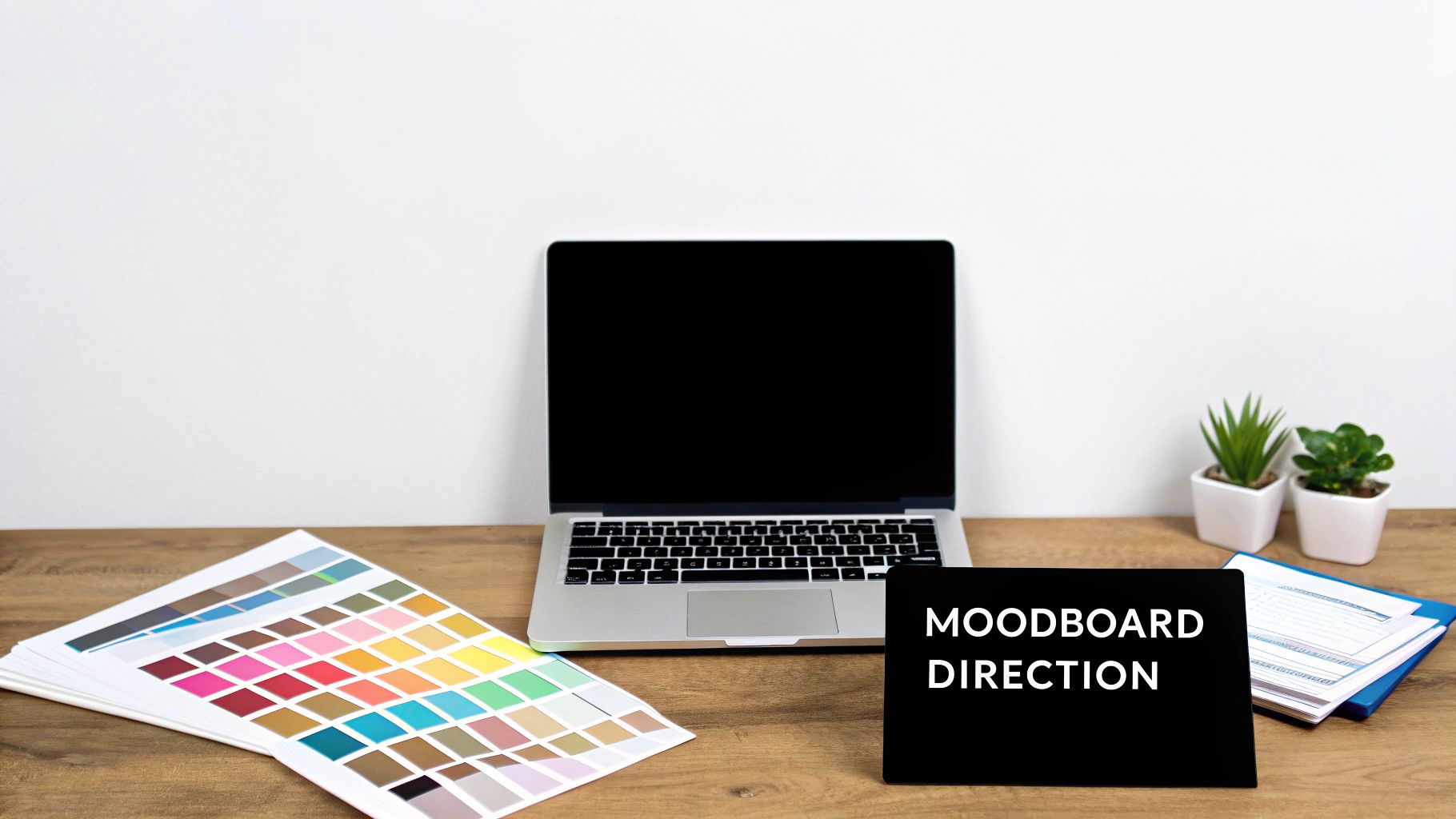 A clean wooden desk with a laptop, color swatches, two plants, and a 'Moodboard Direction' sign.