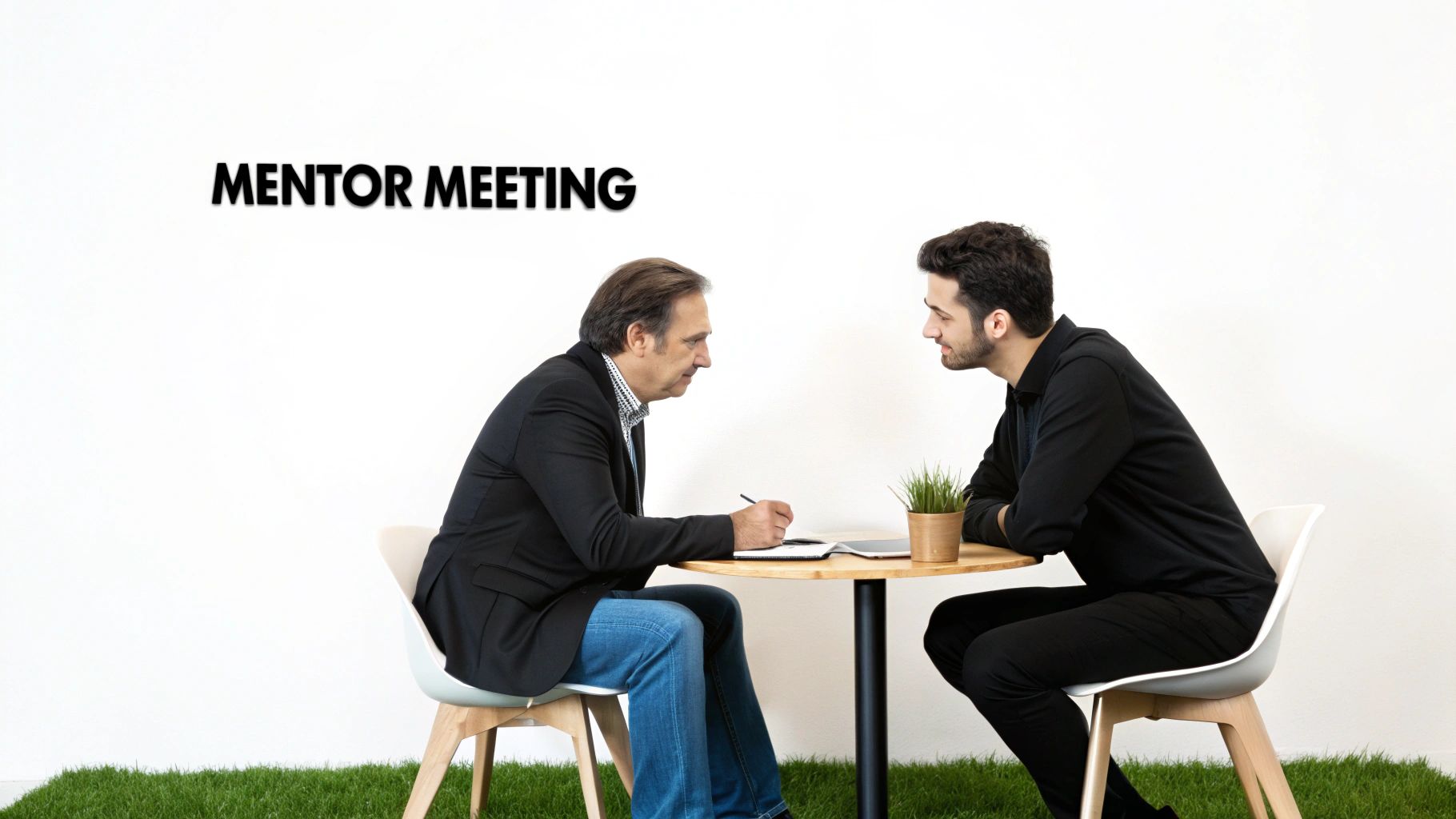 Two men having a mentor meeting, one writing in a notebook and the other listening.