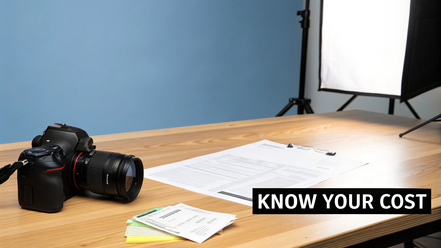 A professional photographer adjusting a camera on a tripod during a brand photoshoot in a modern office.