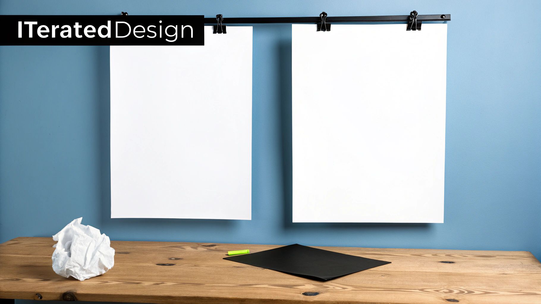 Two blank white posters hang above a wooden desk with crumpled paper and a marker.