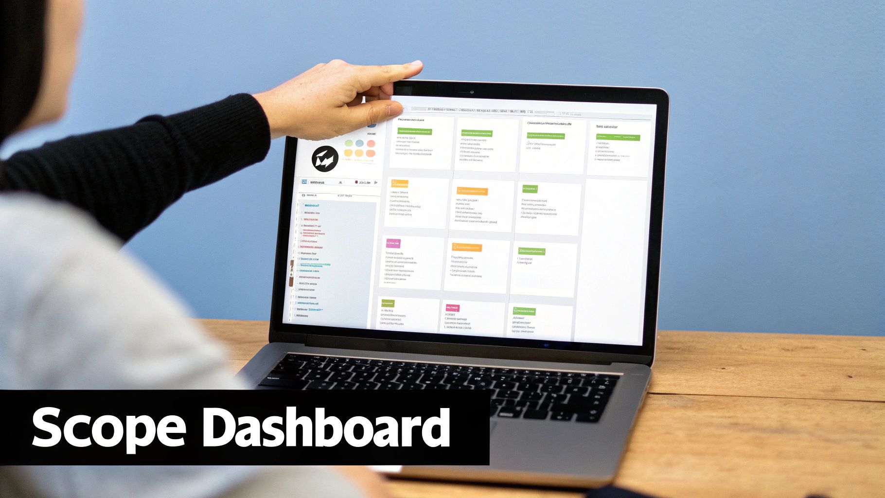 A digital dashboard showing project metrics and graphs, illustrating the use of tools to monitor scope.