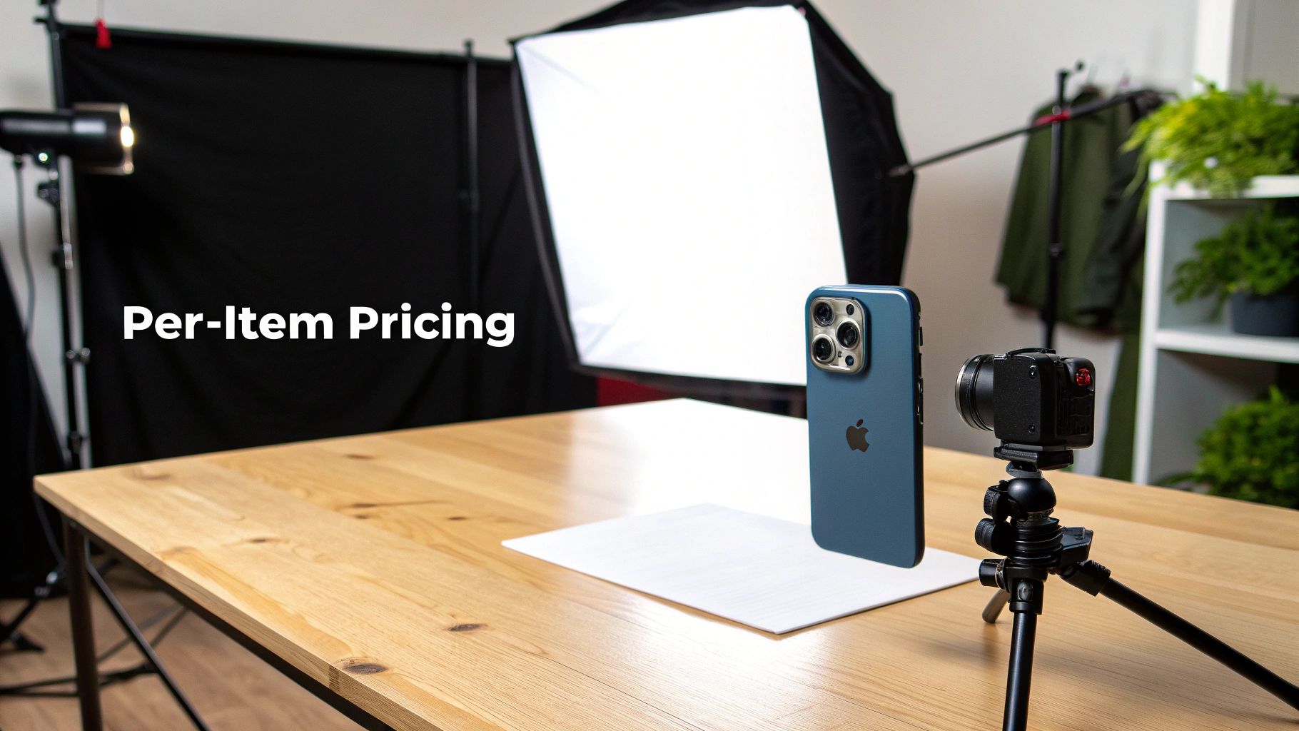 A clean studio setup showing a small product on a white background with professional lighting equipment.