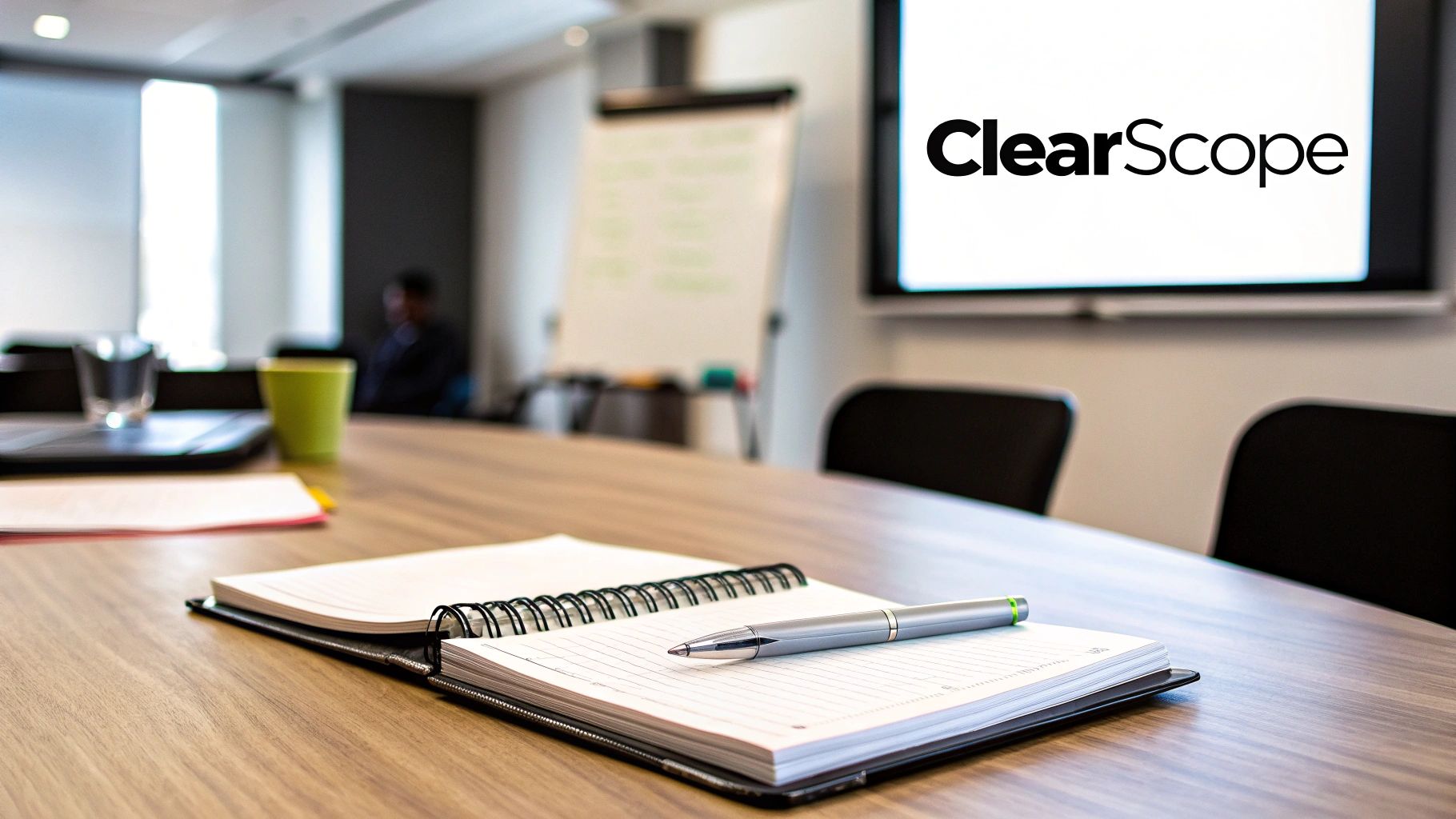 A well-lit conference room table with a notebook, pen, and laptop, a ClearScope screen in the background.