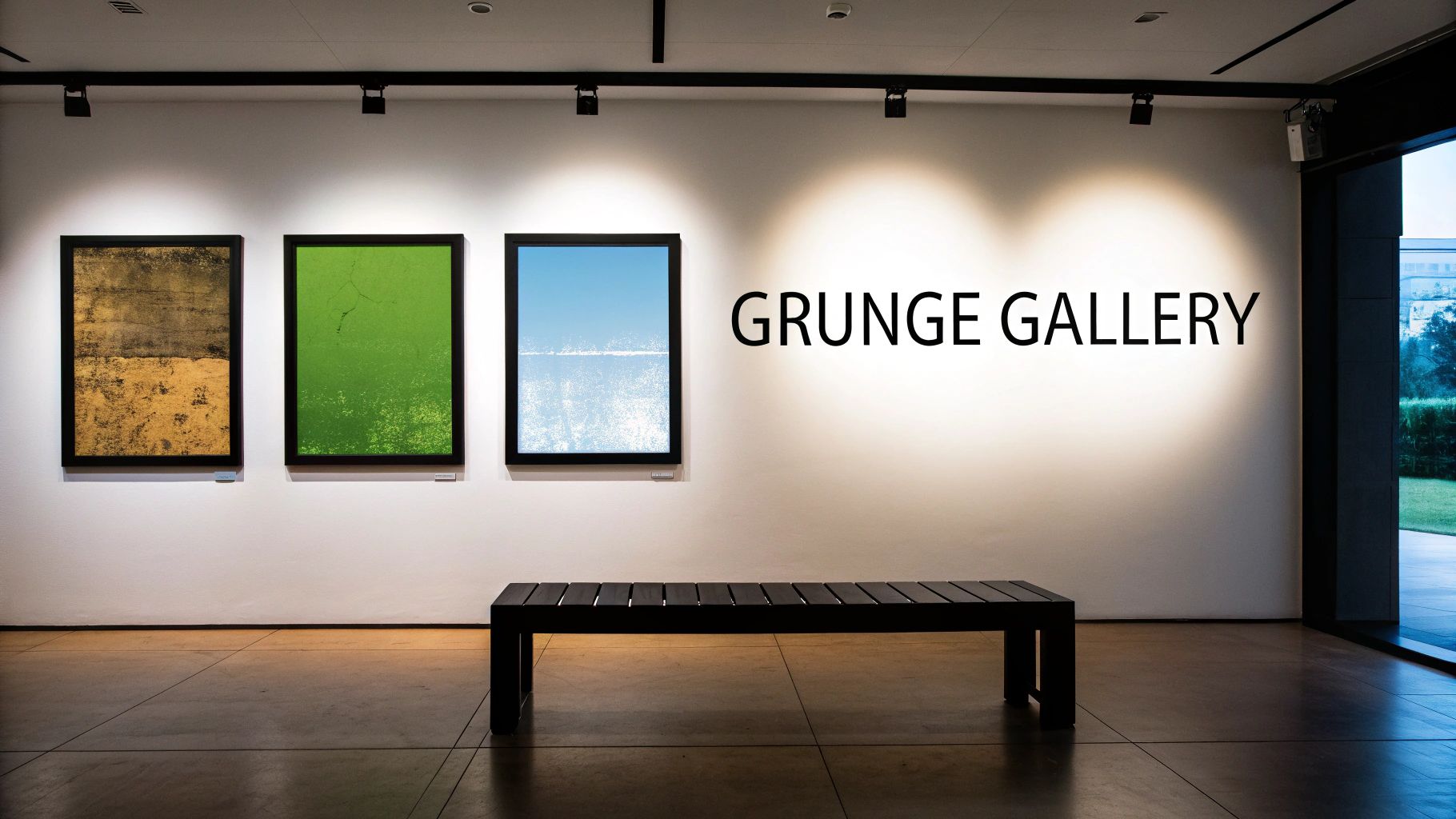 Modern art gallery interior with three framed textured paintings and Grunge Gallery text on white wall