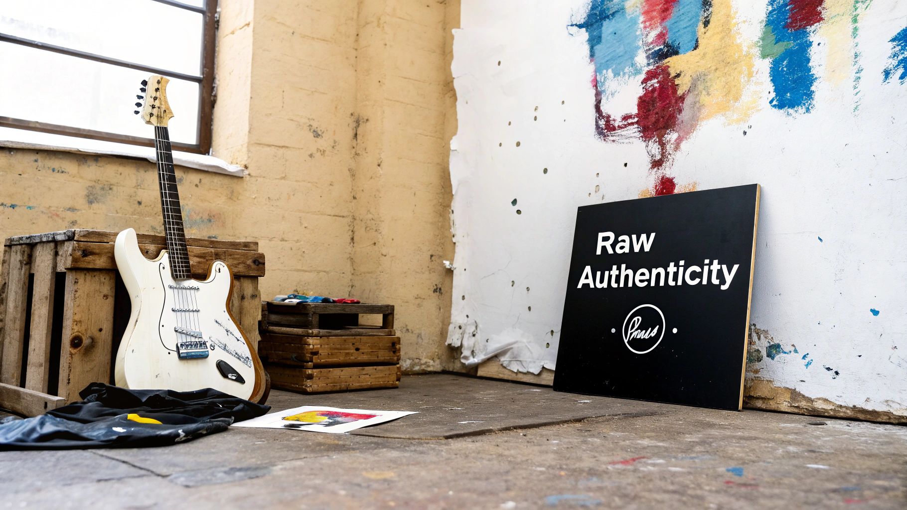 White electric guitar and Raw Authenticity sign in artistic grunge studio setting