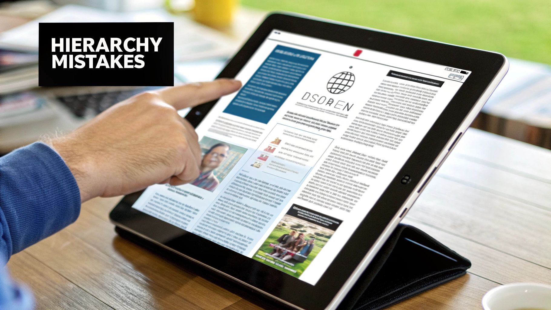 A hand interacts with a tablet showing a digital news layout and 'HIERARCHY MISTAKES' text.