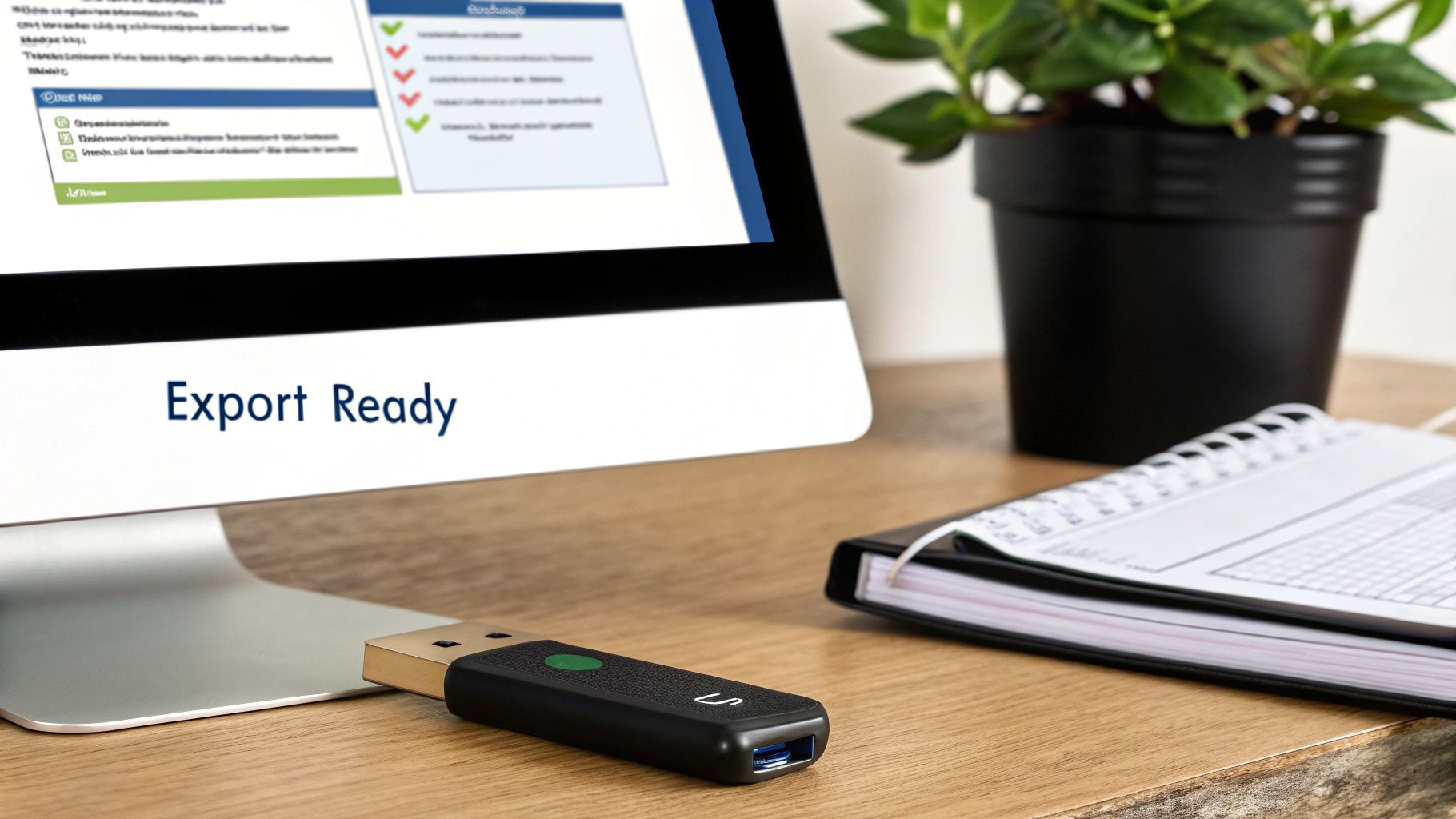 A desk setup with a computer displaying 'Export Ready' text, a USB stick, and a notebook.