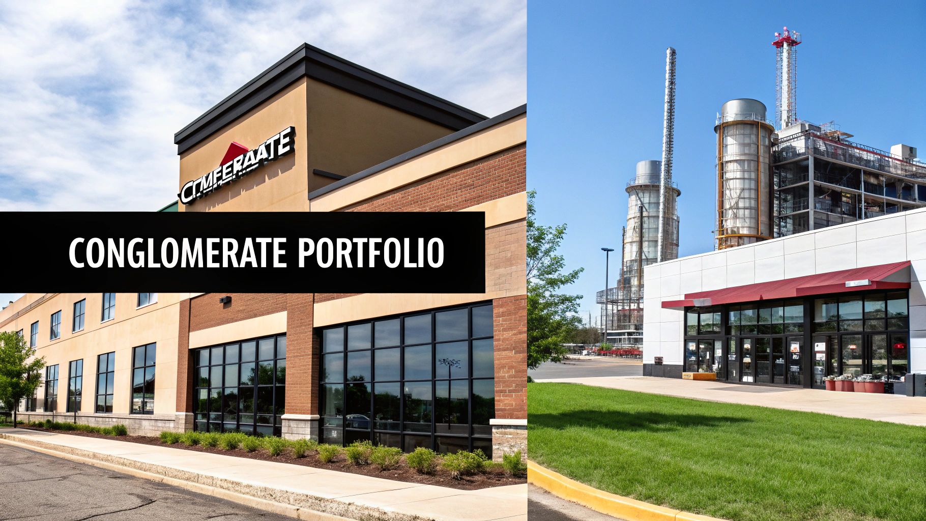 An image illustrating the diverse, multi-industry structure of a Conglomerate Portfolio Model, with a central parent company connected to various independent business units like aviation, healthcare, and consumer goods.