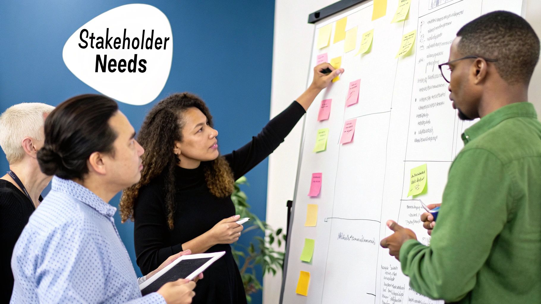 A diverse group of stakeholders in a workshop, brainstorming and mapping out project requirements on a whiteboard.