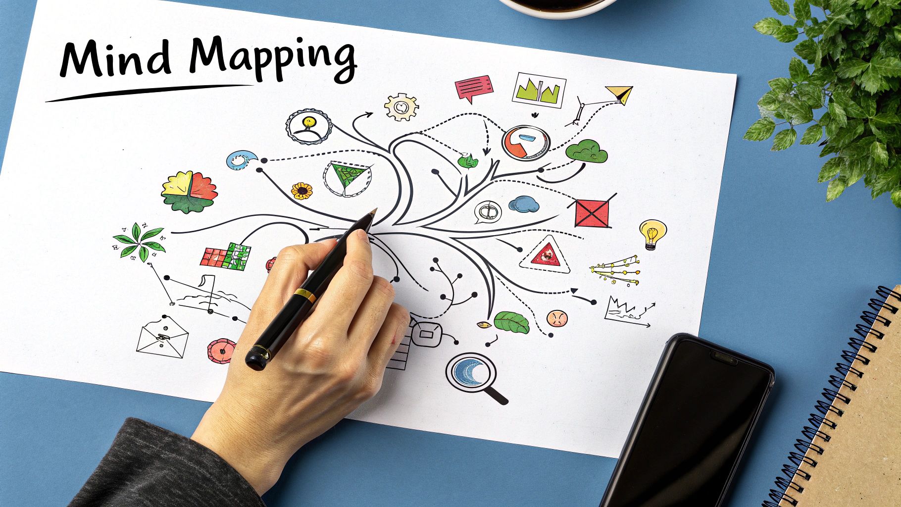 A vibrant mind map with a central idea of "Problem Solving" branching out to "Analysis," "Brainstorming," "Implementation," and "Evaluation," each with its own sub-branches and icons.