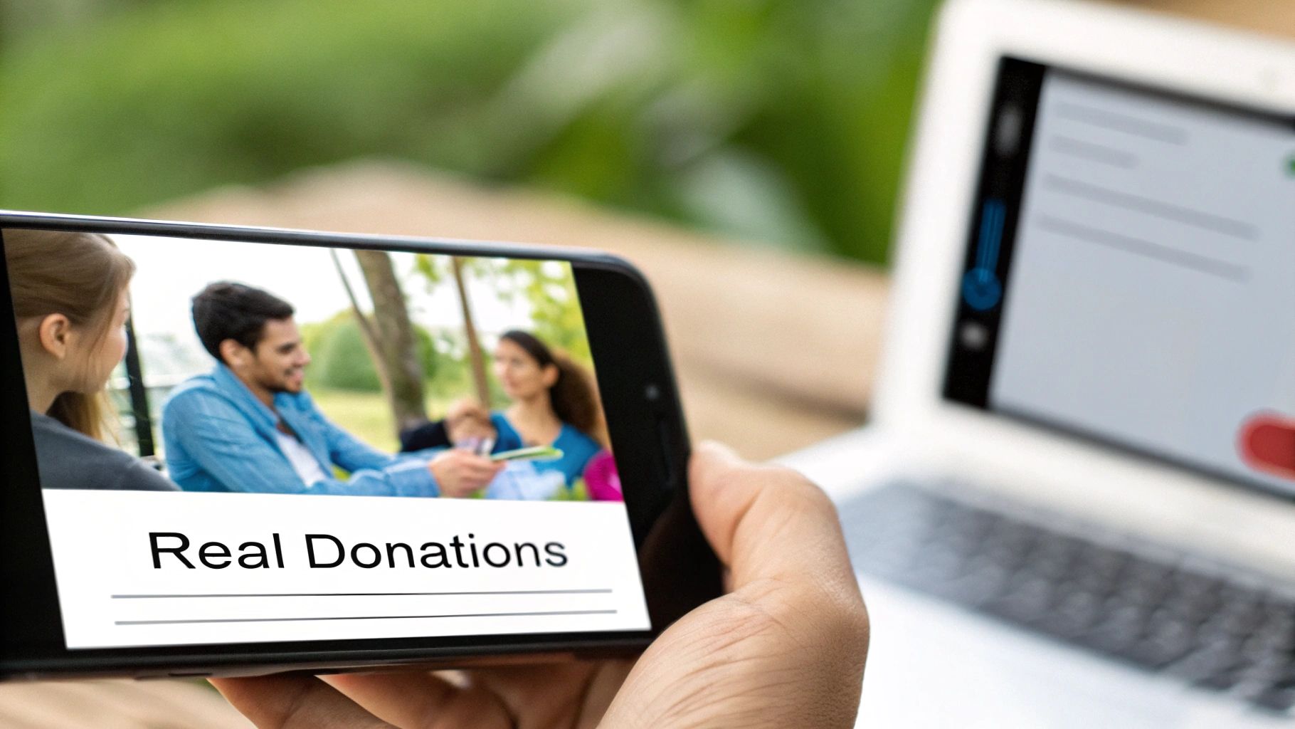 A person making an online donation on their smartphone.