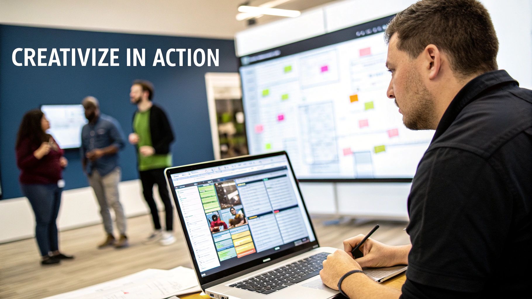 A designer pointing at a screen showing the Creativize platform, collaborating with a colleague.