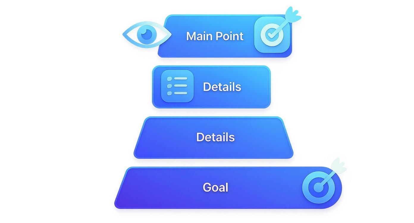 Blue graphic illustrating a hierarchy from a main point through details to a final goal.