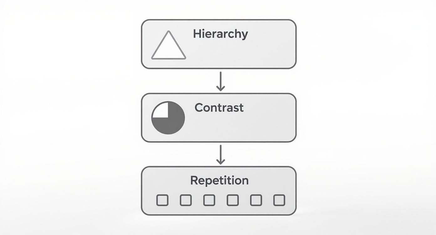Visual design principles diagram showing hierarchy with triangle, contrast with pie chart, and repetition with squares