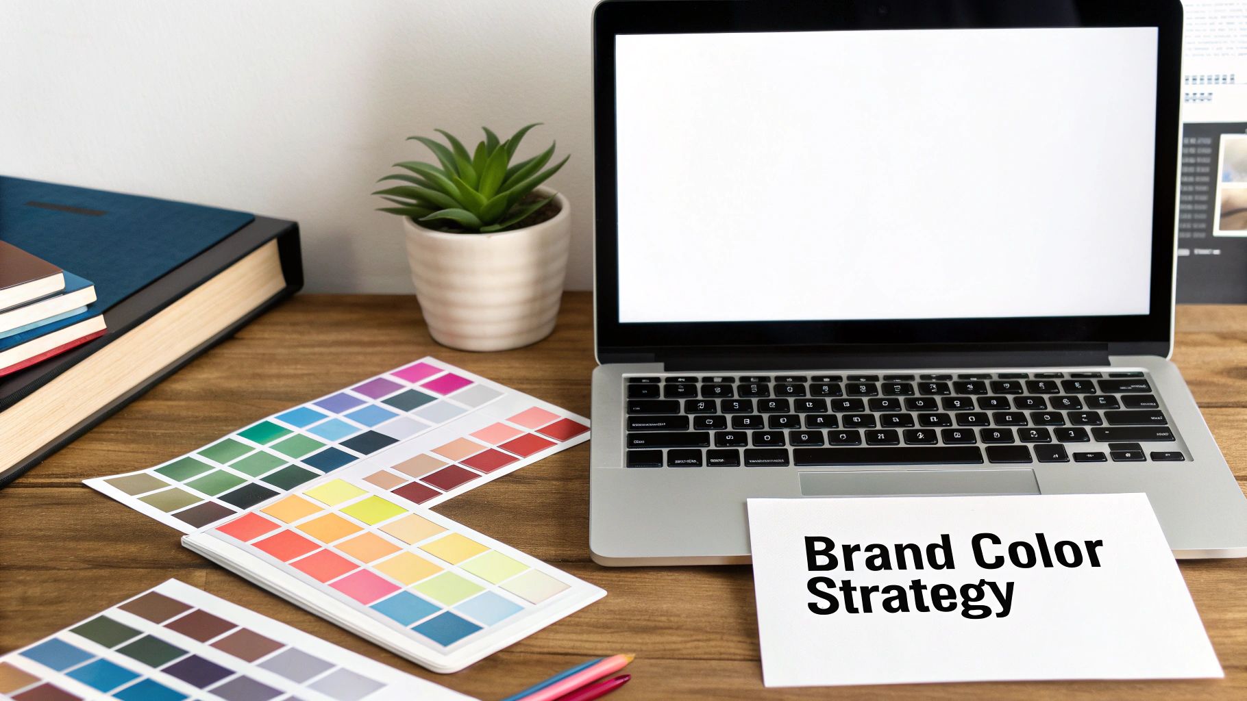 Brand color strategy document on desk with laptop, color swatches, and office supplies