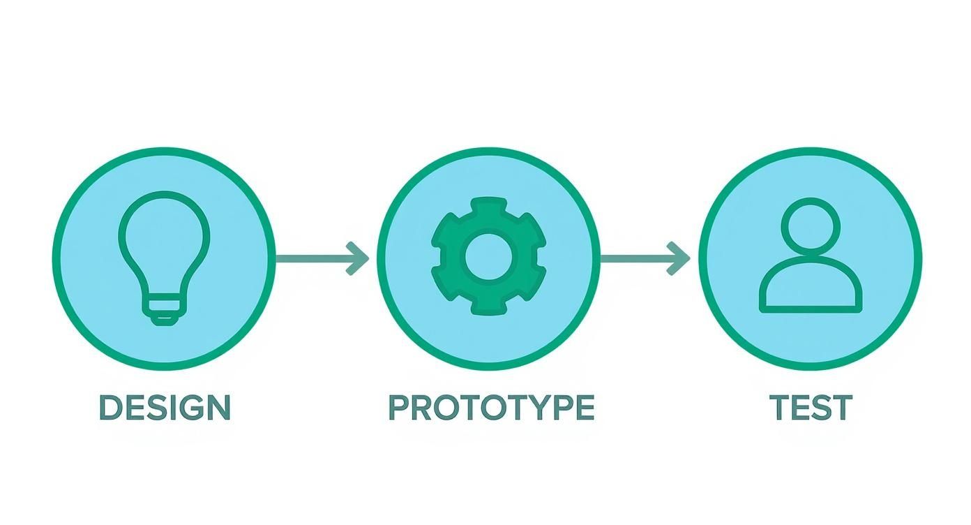 A three-step process diagram showing design (lightbulb), prototype (gear), and test (person) stages.