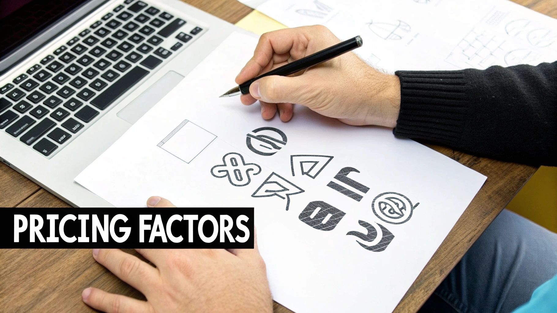 A person's hands drawing various logo designs on paper, with a laptop nearby.