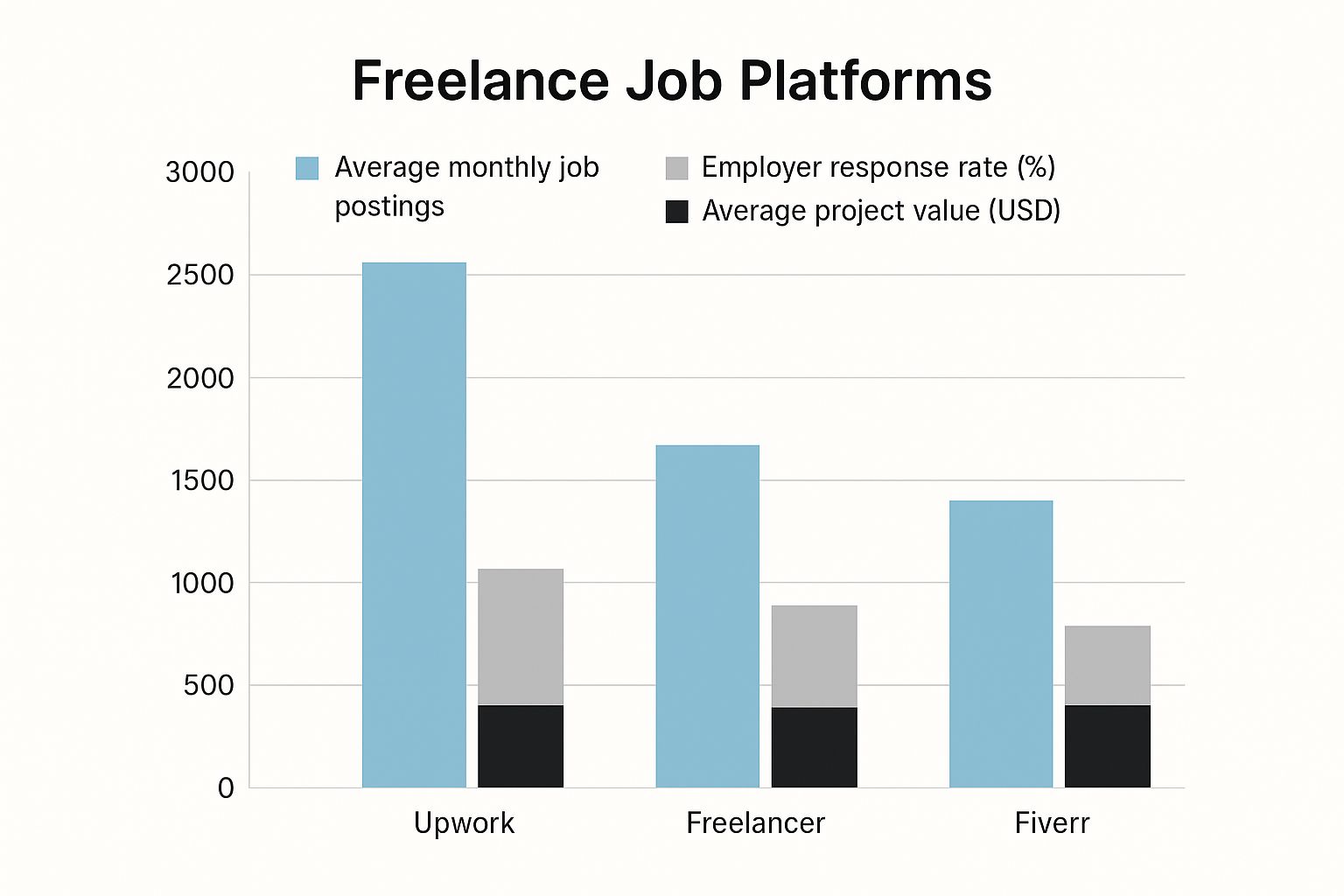 Infographic comparing freelance platforms on job postings, response rates, and project value.