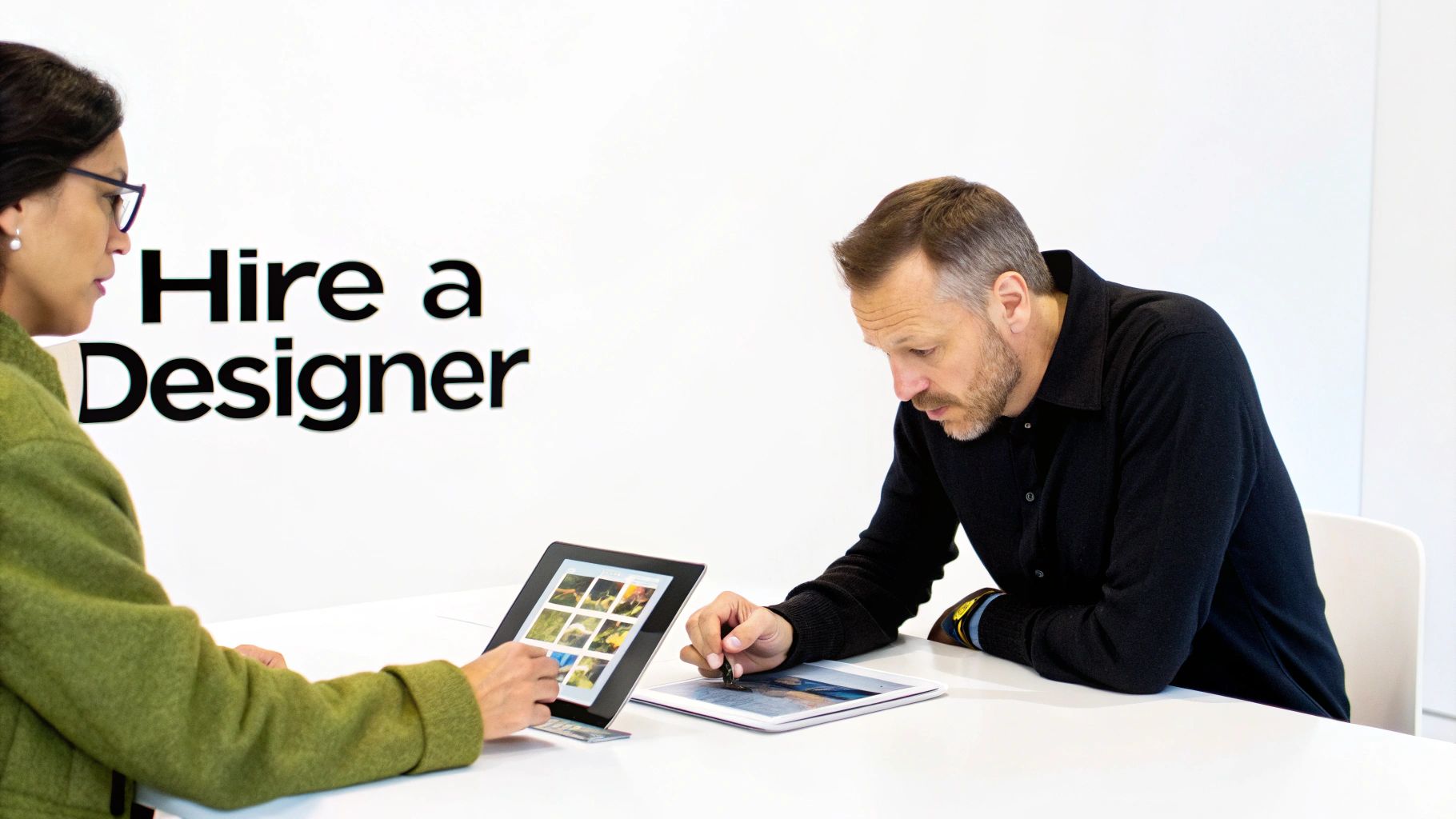 Designer and client collaborating on visual design project using tablet and printed materials at white desk