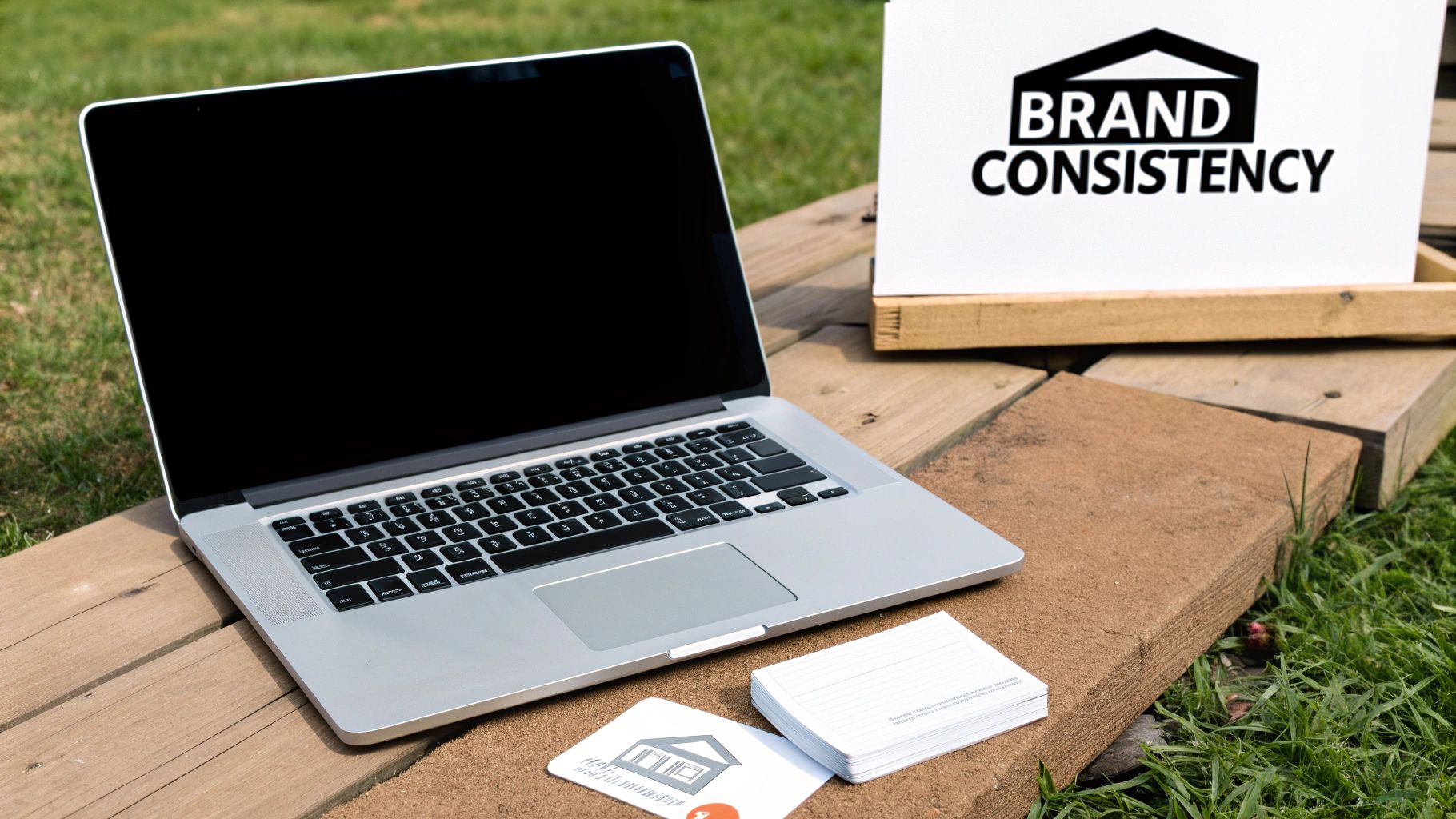 A silver laptop, branding materials, and a 'BRAND CONSISTENCY' sign are arranged outdoors on wood and grass.