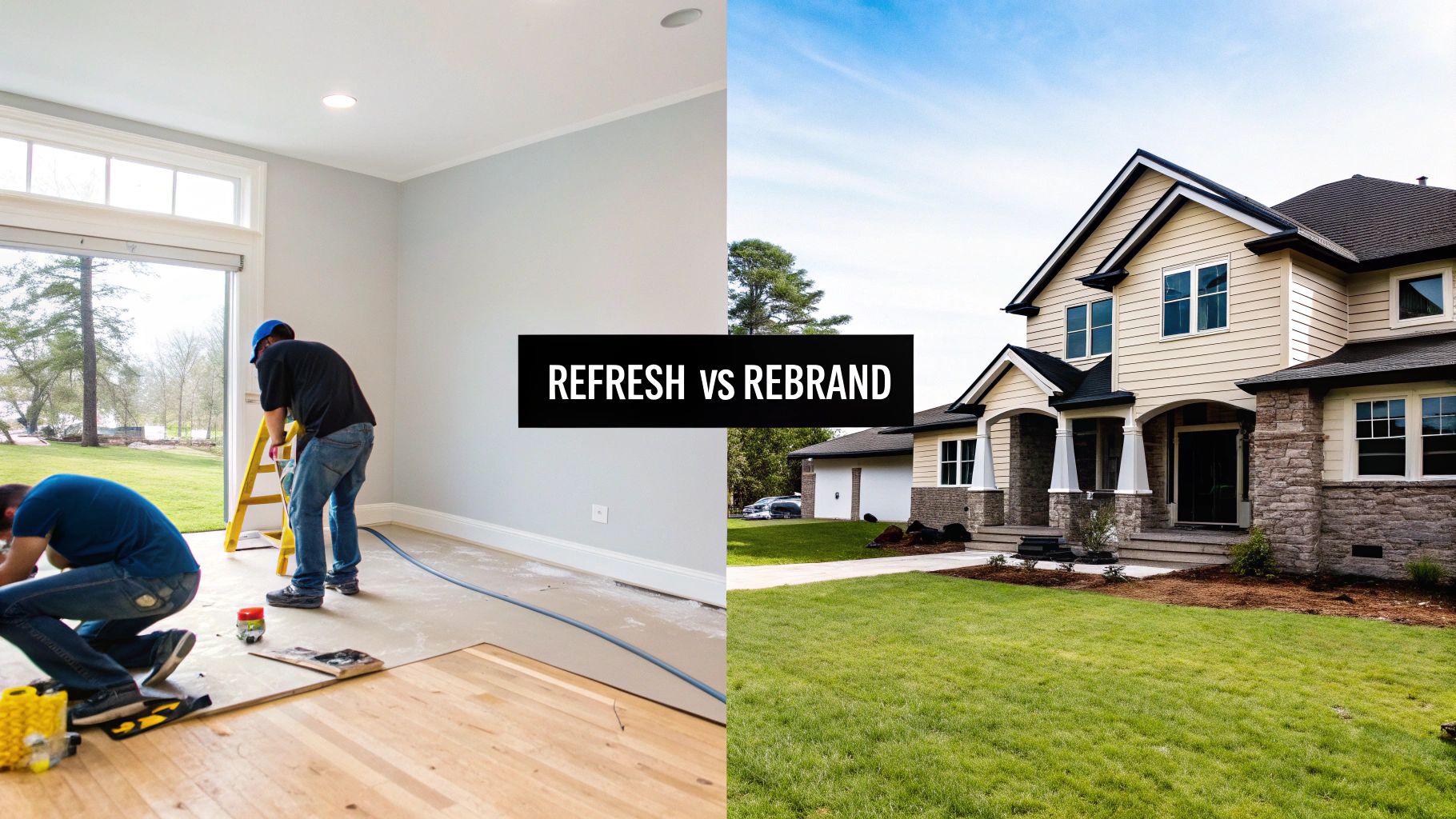 Split screen comparing interior home renovation work with finished exterior home showing refresh versus rebrand concept