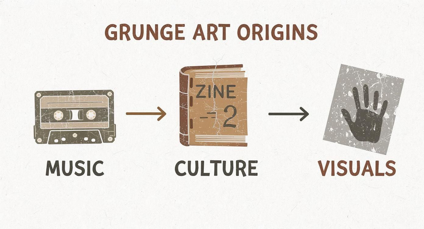 Infographic showing grunge art origins progression from music cassette tape through culture zines to visual handprint