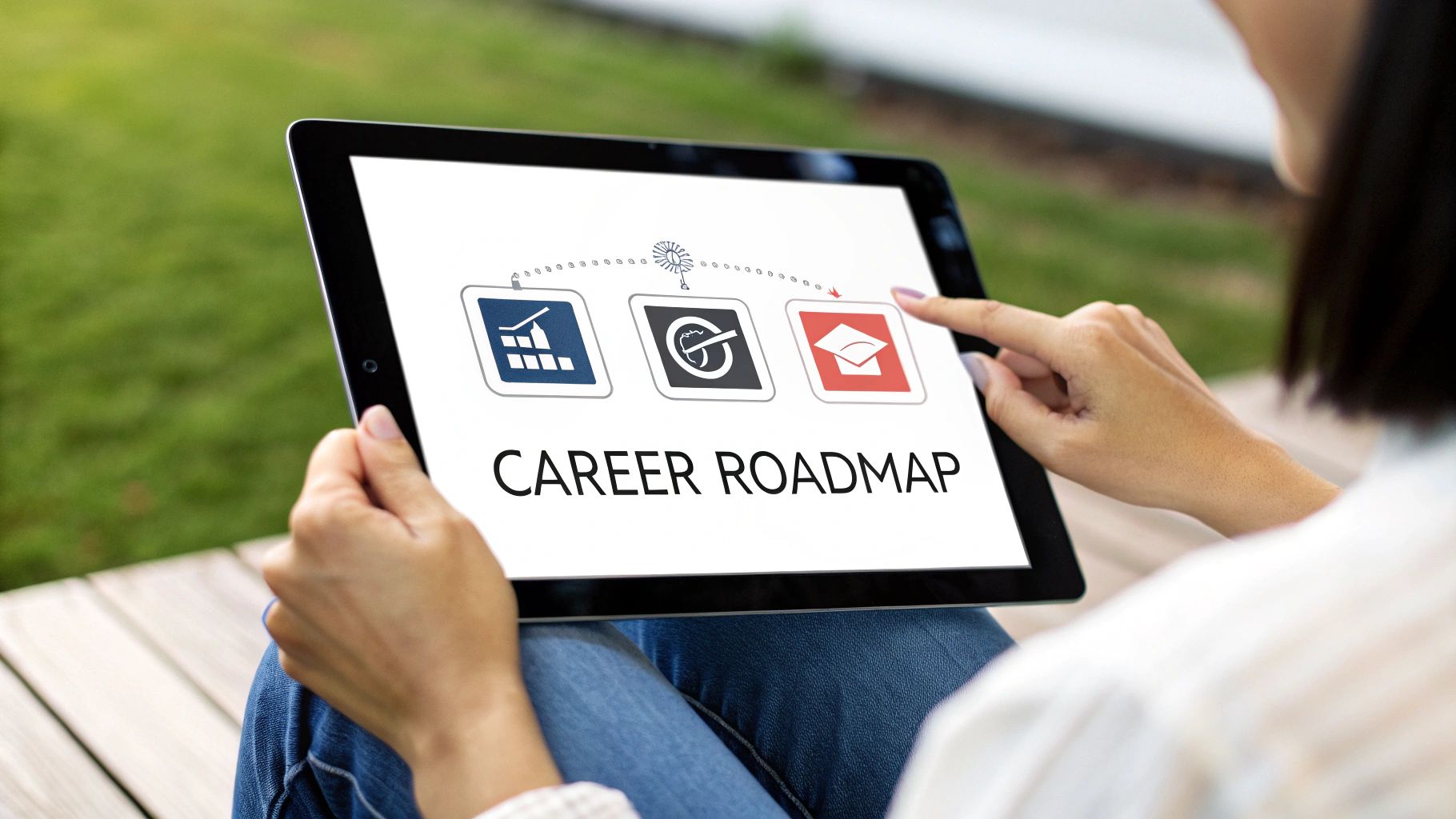 A person holds a tablet displaying a 'Career Roadmap' with icons for progress, planning, and education.