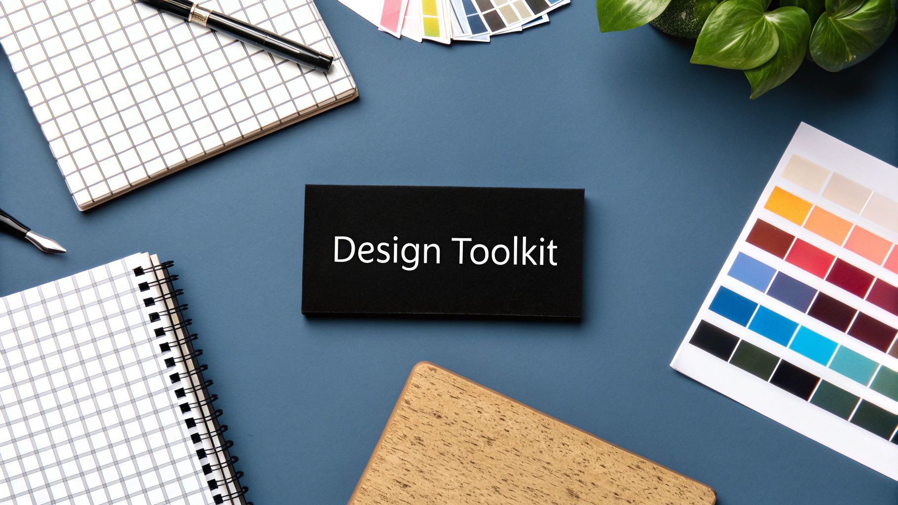 Design toolkit flat lay with color swatches, notebooks, and professional design materials on blue background