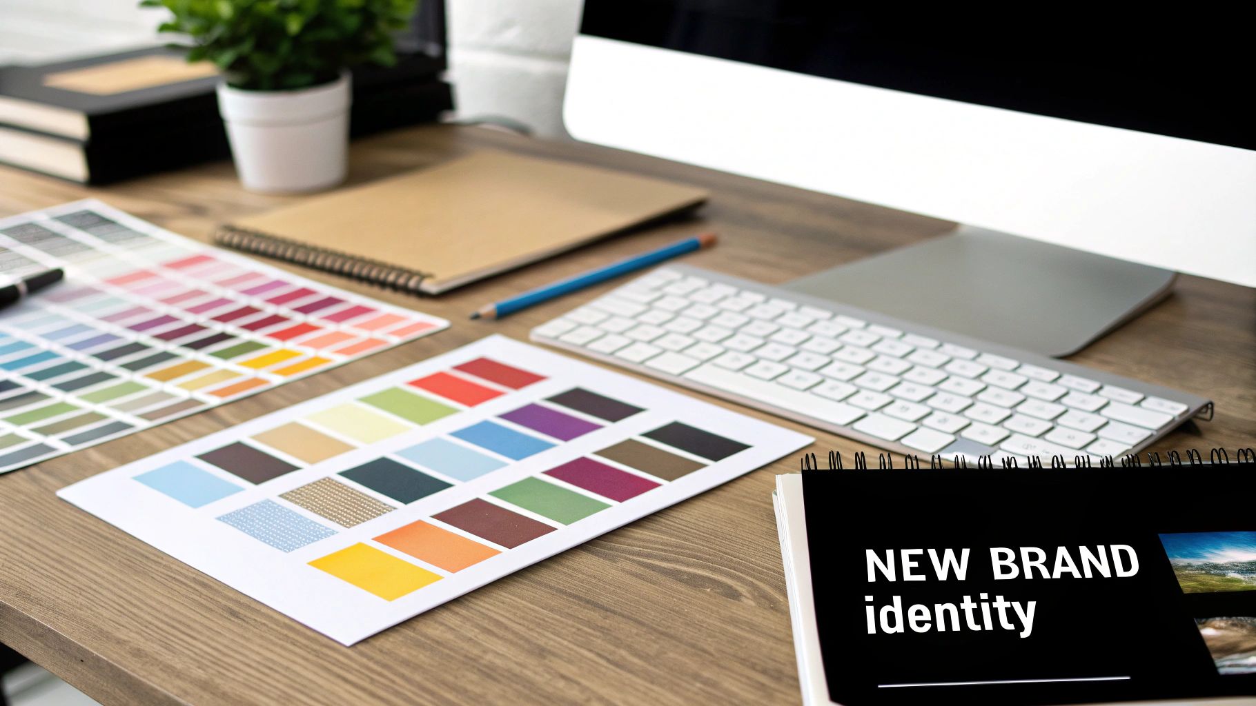 A collage of colorful rebranding elements like logos, color palettes, and fonts.