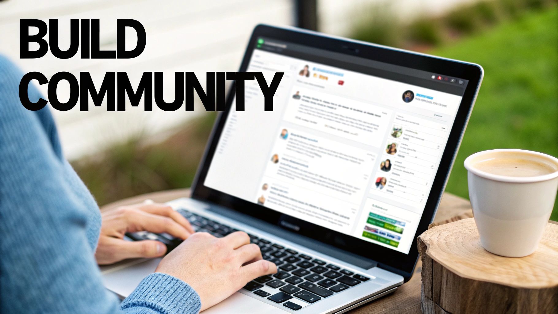 A person types on a laptop displaying a social media interface, with 'BUILD COMMUNITY' text overlay.