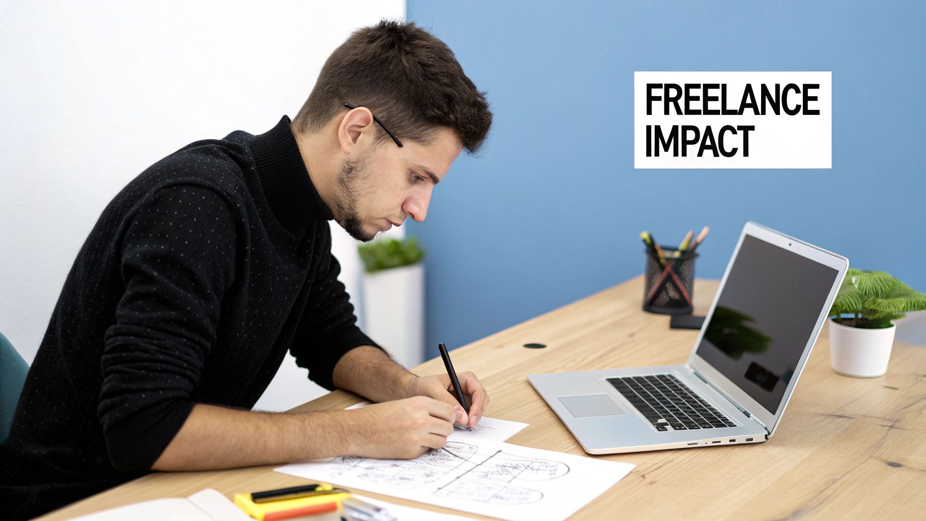 A freelance content creator working on a laptop in a modern, well-lit cafe setting.